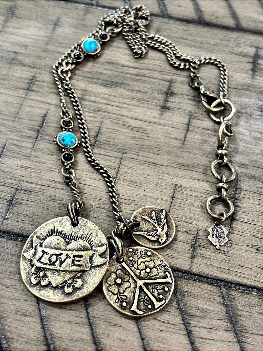 Lucky Brand Multi Charm Love Peace Bird Necklace